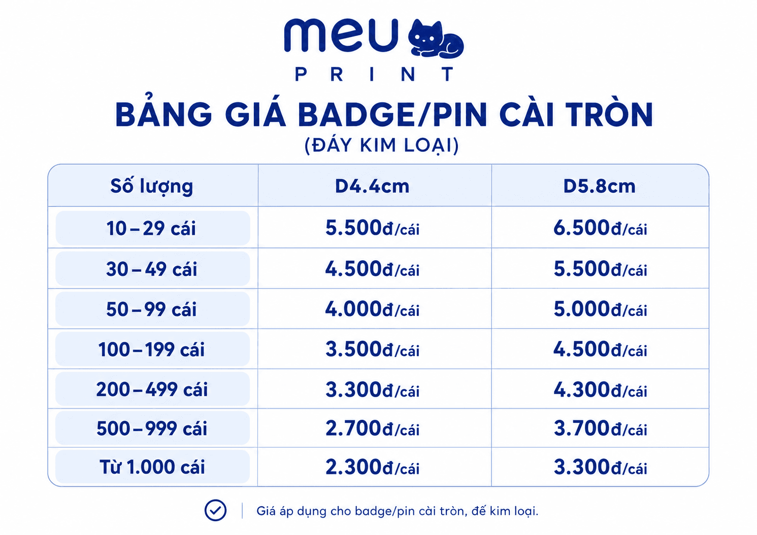 Bảng giá Badge / pin cài tròn (đáy kim loại) — MEU Print